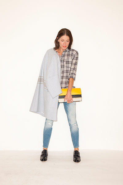 All Ages checks: plaid shirt jeans pale grey coat black shoes clutch bag yellow cream 