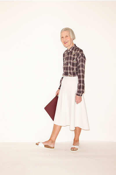 All Ages checks: plaid shirt cream skirt white pool sliders