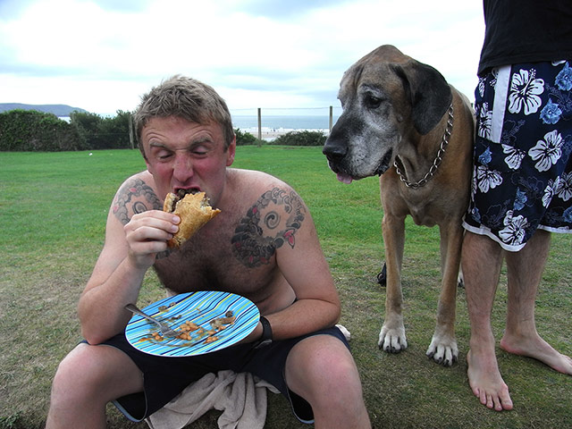Munch: My friend is tucking into a pasty with Rocky looking on in envy