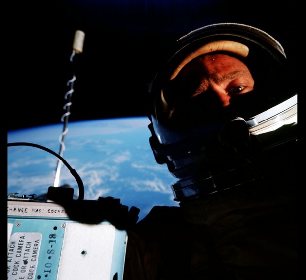 First space selfie by Buzz Aldrin on Gemini 12 mission in 1966