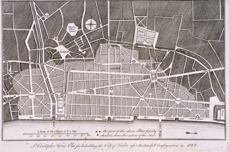 Sir Christopher Wren's plan for the rebuilding of the City of London after the Great Fire of 1666. Photograph: Heritage Image Partnership/Alamy Sir Christopher Wren's plan for the rebuilding of the City of London after the Great Fire of 1666. Photograph: Heritage Image Partnership/Alamy
