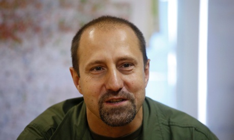 Rebel commander Alexander Khodakovsky of the Vostok Battalion speaks during an interview in Donetsk.