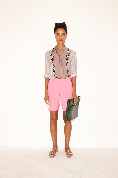 fashion wish list: pink shorts patterned shirt flat healed sandals clutch bag