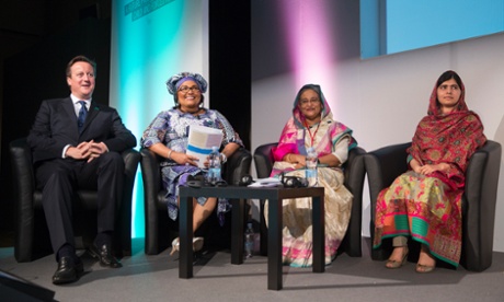 (Left - right) Prime Minister David Cameron, Chantal Compaore the First Lady of Burkina Faso, Sheikh Hasina the Prime Minister of Bangladesh and activist Malala Yousafzai during the Girl Summit 2014 at Walworth Academy, London.