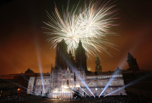 Fireworks explode over an ancient cathedral during celebrations for St. James' day in Santiago de Compostela, northwestern Spain.