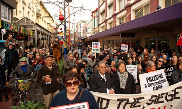 Wellington, New Zealand: Protesters prepare to march to the Israeli embassy