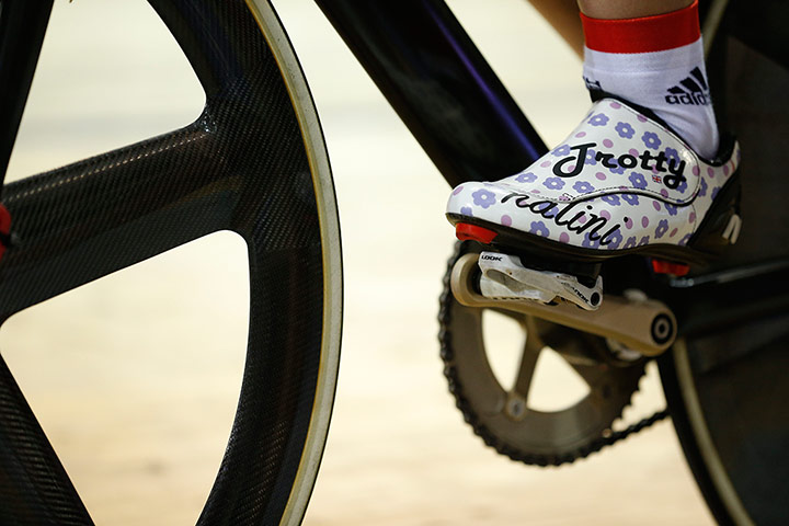 tom jenkins day 3: A close detail shot of Laura Trott's shoes 