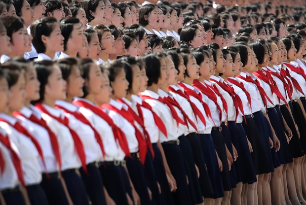 A North Korean student choir sing as part of the celebrations at Kim Il Sung Square.