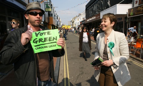 Former party leader Caroline Lucas with a Green Party supporter in Brighton.