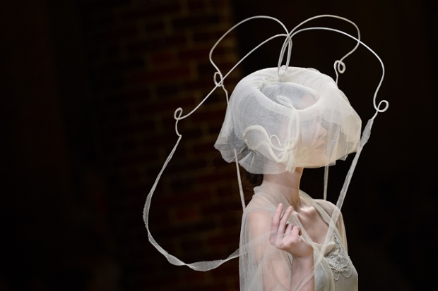 Lamp shade or hat...? An ethereal creation from Natalie Capell during the 080 Barcelona Spring-Summer 2015 fashion week.