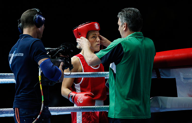boxing: Alanna Audley-Murphy of Northern Ireland has her headguard put on