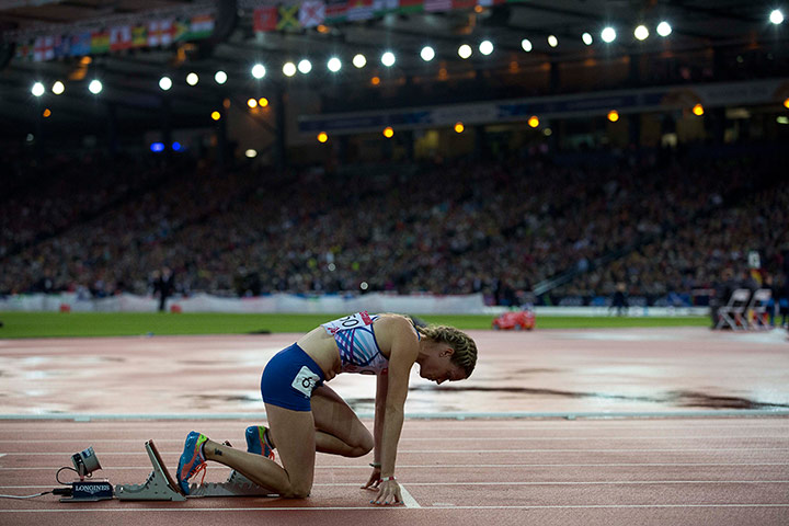 Athletics at Ibrox: Eilidh Child settles on her blocks 