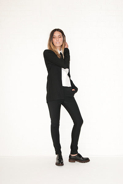 All Ages androgynous: white shirt cut out top black white skinny trousers black brogues