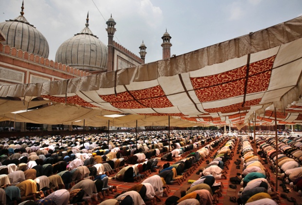 Indian Muslims offer prayers at the Jama mosque in Delhi, India