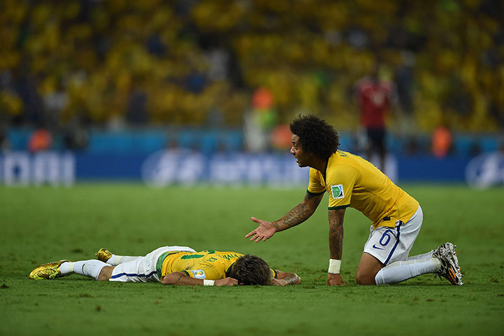 Brazil v Colombia: Brazil's defender Marcelo gestures after Neymar is fouled