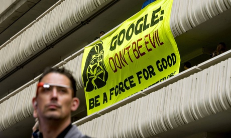 An anti-Google protest banner hung outside a developer's conference in San Francisco.