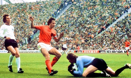 Johan Cruyff, being denied by Sepp Maier and Franz Beckenbauer, again, in the 1974 final