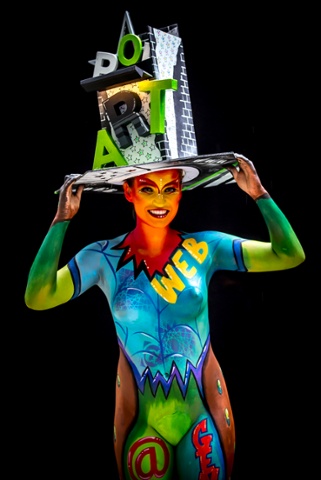 A model poses at the world bodypainting festival, 5 July 2014.