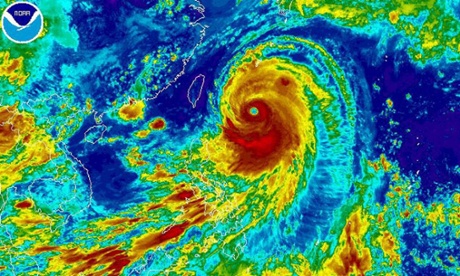 Satellite image by the National Oceanic and Atmospheric Administration (NOAA) showing typhoon Neoguri, the first super typhoon of 2014 heading towards Japan.