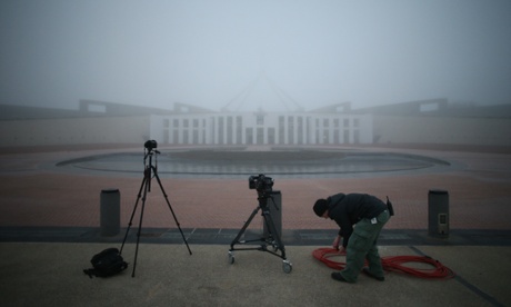 Parliamentary broadcasting set up in the fog this morning to cover the official arrival of Japanese Prime Minister Shinzo Abe.