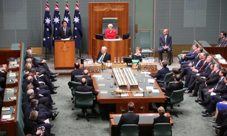 The chamber listens to Shinzo Abe's address.