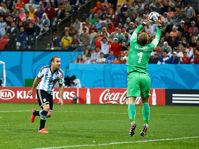 argies v dutch: Goalkeeper Cillessen of the Netherlands saves the ball