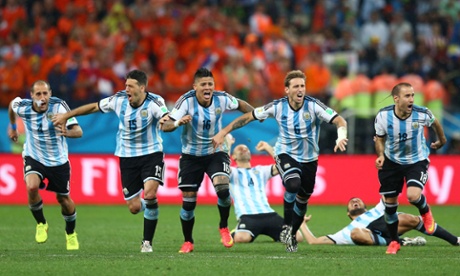 Argentina celebrate victory in the shoot-out.