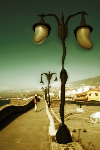surrealist path and lamposts