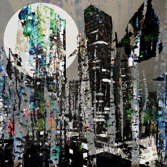 digital photomontage of a cityscape with trees