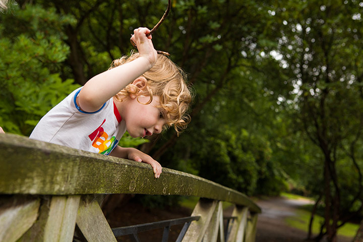 National Trust Hargreaves: National Trust: George playing pooh sticks from a bridge over the river