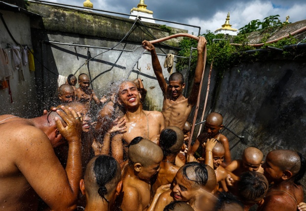 Kathmandu, Nepal: Hindu students celebrate the Janai Purnima festival at the Pashupati temple.