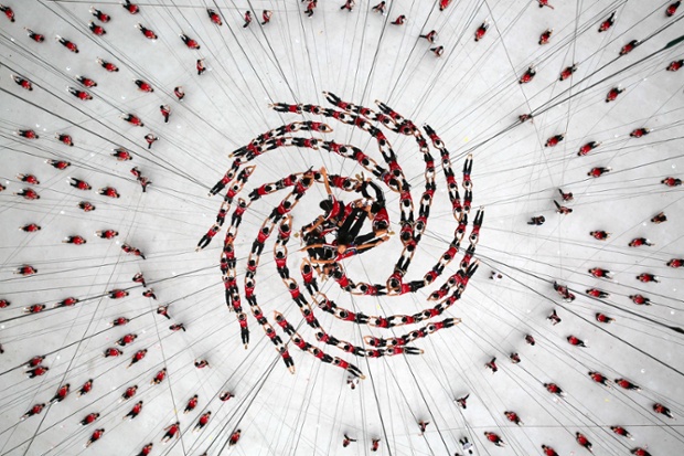 Nanjing, China:Students from the Tagou martial arts school rehearse a routine which they will perform at the opening ceremony of the 2014 Youth Olympic Games.