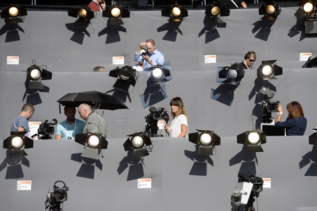 Journalists take their places for the European Athletics Championships at the Letzigrund stadium in Zurich
