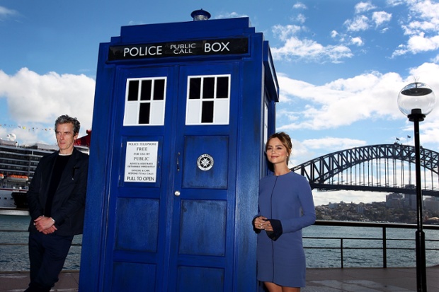 Peter Capaldi poses with Jenna Coleman, his on-screen companion during a world tour promoting the new series of Doctor Who in Sydney, Australia