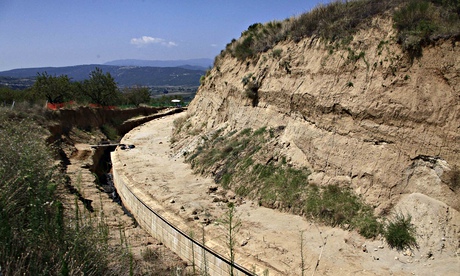 the site where archaeologists are excavating an ancient mound in Amphipolis, northern Greece