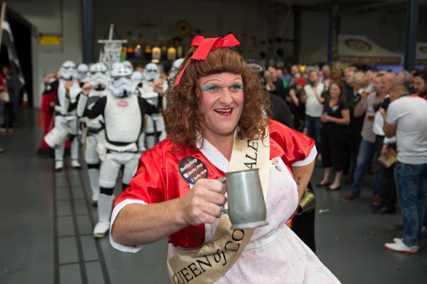 Cornish beer fanatic and agricultural sales representative Fred Thomas, aka Betty Stogs, at the Great British Beer Festival in Olympia London.