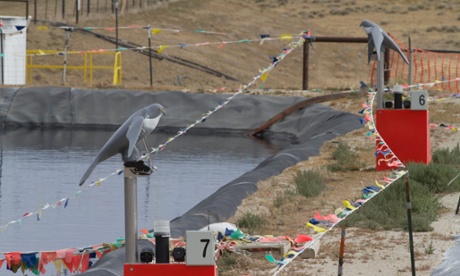 Laramie, Wyoming, USA --- Mechanical birds near poisonous water scare away birds that may want to land in the water, Laramie, Wyoming, USA.
