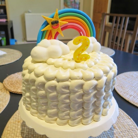 Over the Rainbow! I baked this cake for my daughter's 2nd birthday - red velvet hidden under a cloud of cream cheese frosting!