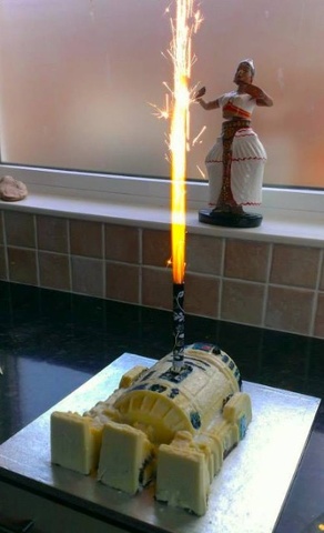 'This is not the droid you're looking for: White chocolate R2D2 on fire.'