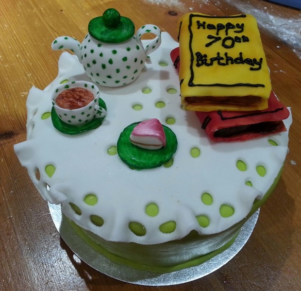 'tea & book cake: The cake I made for my Godmum who loves nothing better than sitting down with a cup of tea and reading a book.'