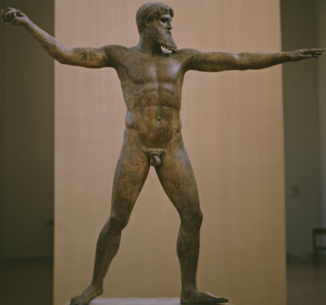 A bronze sculpture of the god Zeus, or possibly Poseidon