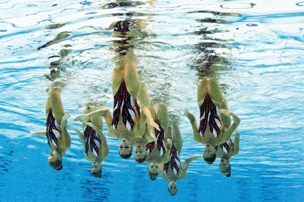 The French  synchronised swimming team compete in the European swimming championships in Berlin
