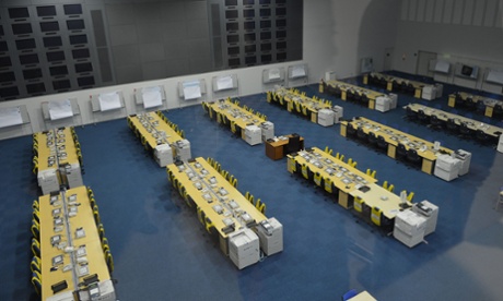 Rows of desks in the operation room at the Rinkai disaster park headquarters.