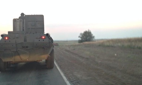 Armoured personnel carriers in Russia move towards the Ukraine border. Photograph: Shaun Walker