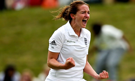 Kate Cross of England celebrates after trapping Thirush Kamini of India lbw for 28.