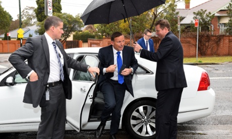 Tony Abbott in Sydney on Monday with member for Reid, Craig Laundy.