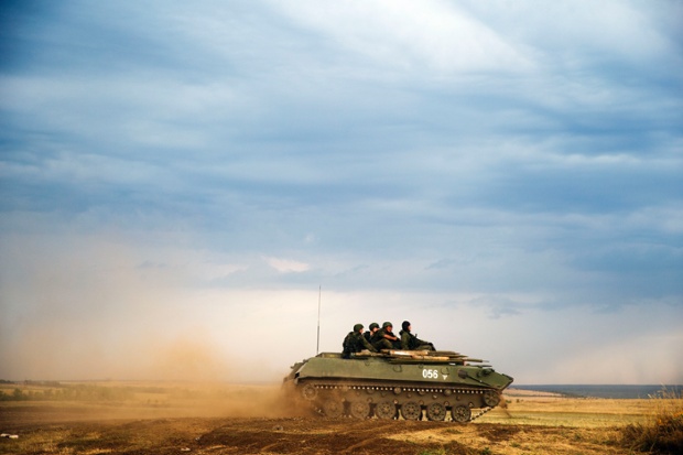A Russian vehicle in a field in about 10 kilometers from the Ukrainian border near the town of Donetsk, Russia