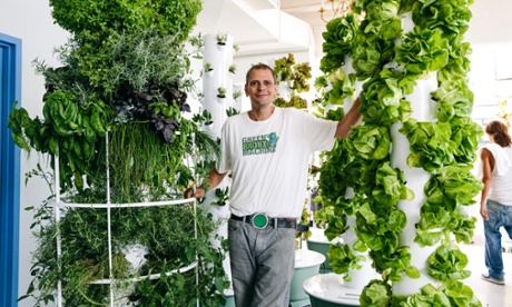 Stephen Ritz standing among vertical planters