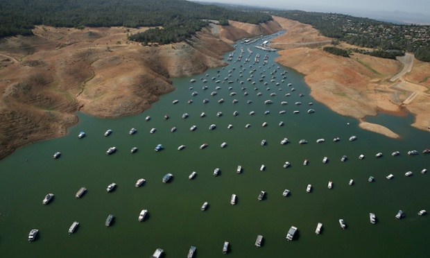 Low water levels are visible in the Bidwell Marina at Lake Oroville