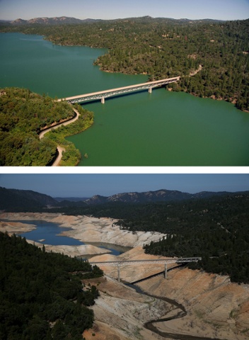 The Green Bridge over full water levels in Lake Oroville in July 2011 compared with the same almost dry section now.